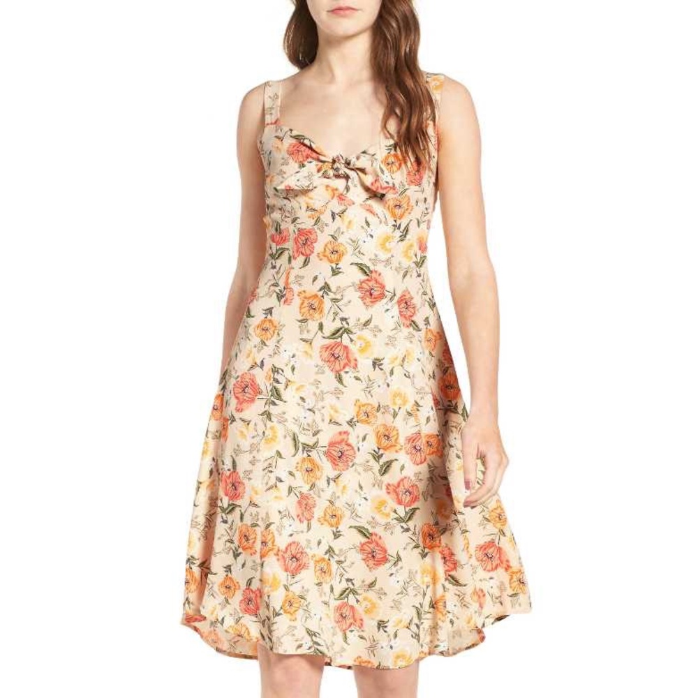 Peach Floral Tie-Front Midi Dress
